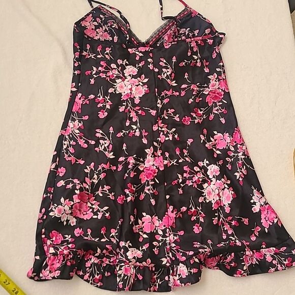 Apt. 9 Pink Black Floral Chemise Lace Trim Slip Dress Small Y2K Summer Mini - Picture 5 of 6